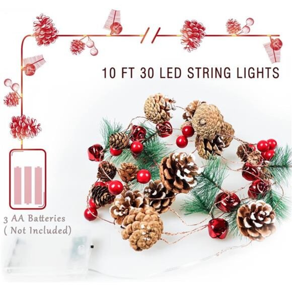 10ft Christmas Garland - LED Lights, Pine Cones, Berries & Bells - Picture 3 of 7